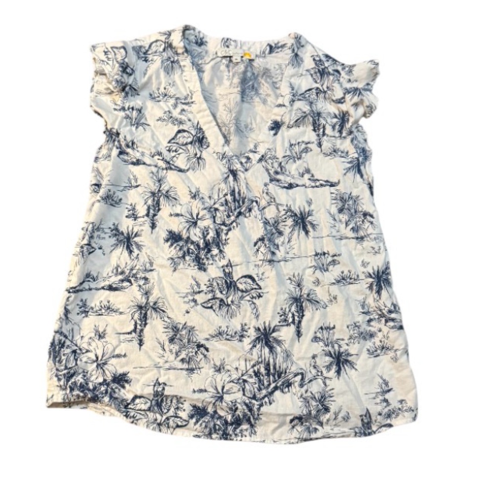 C&C XL Floral Bird Toile Tropical Print Sleeveless Blue Cream Linen Rayon
